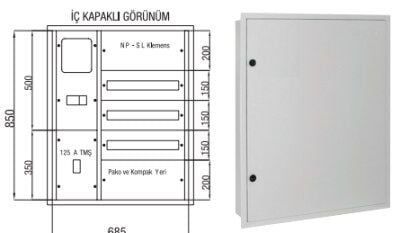 Çetinkaya Trifaze Dağıtım ve Sayaç Panosu — 1 Trifaze Sayaç 7+ 60 Ad. Sigorta + 125 A TMŞ. Çıkışlı 68,5x85x16,5 (Metal Panolar) - Teknik Detay Görseli