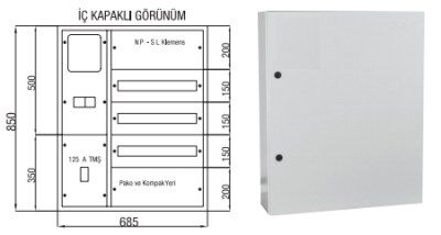 Çetinkaya Trifaze Dağıtım ve Sayaç Panosu — 1 Trifaze Sayaç 7+ 60 Ad. Sigorta + 125 A TMŞ. Çıkışlı 68,5x85x17,5 (Metal Panolar) - Teknik Detay Görseli