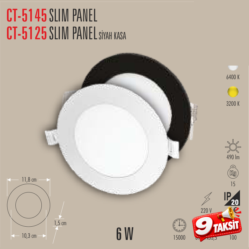 CATA Slim Panel 6W LED Panel Armatür (Beyaz Kasa) (Panel LED) - Ürün Görseli