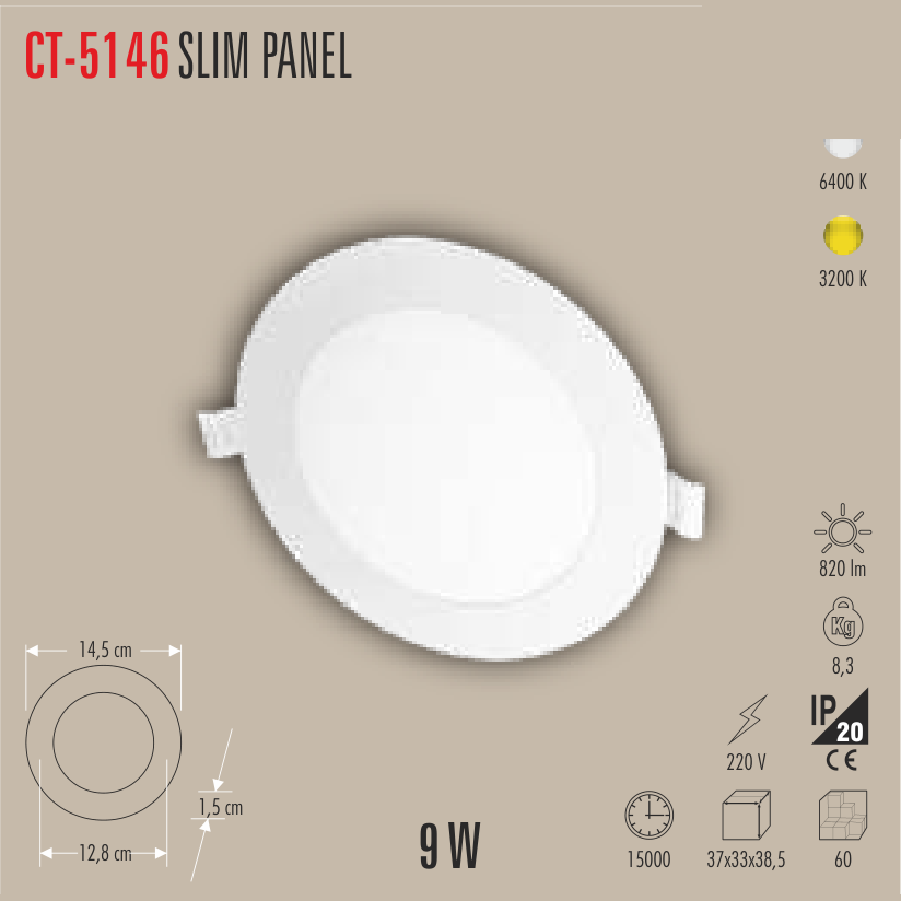 CATA Slim Panel 9W LED Panel Armatür