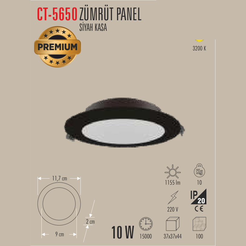 CATA Zümrüt Panel 10W LED Panel Armatür (Siyah Kasa)