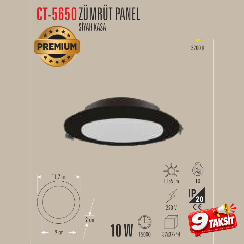 CATA Zümrüt Panel 10W LED Panel Armatür (Siyah Kasa)