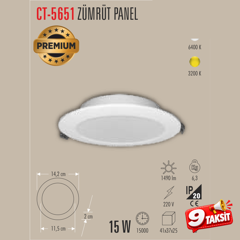 CATA Zümrüt Panel 15W LED Panel Armatür