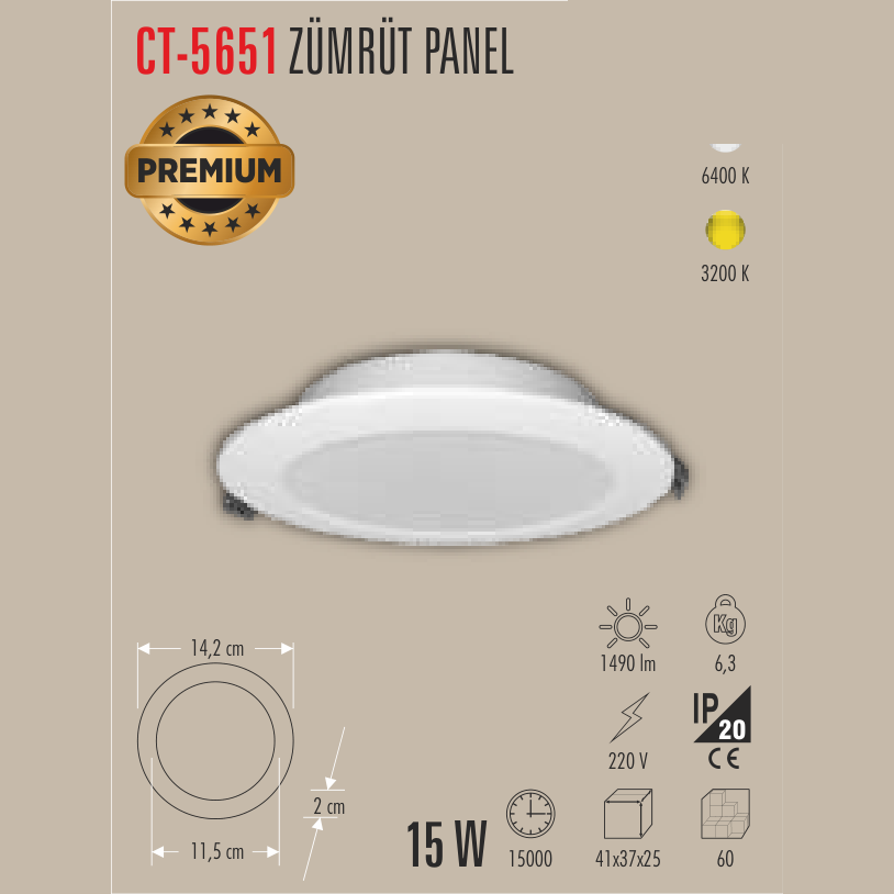 CATA Zümrüt Panel 15W LED Panel Armatür