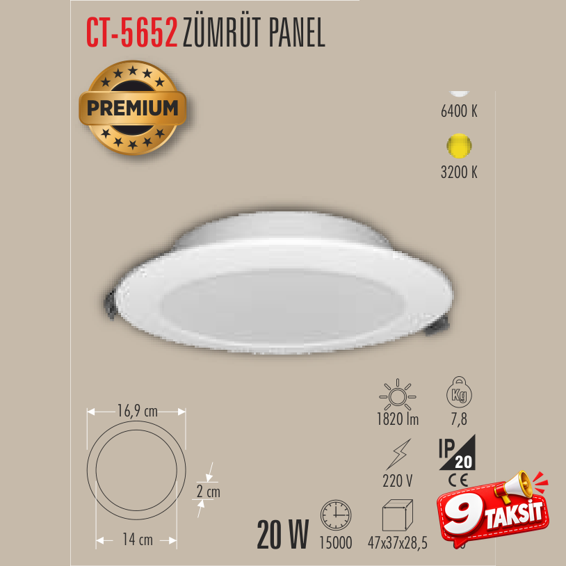 CATA Zümrüt Panel 20W LED Panel Armatür