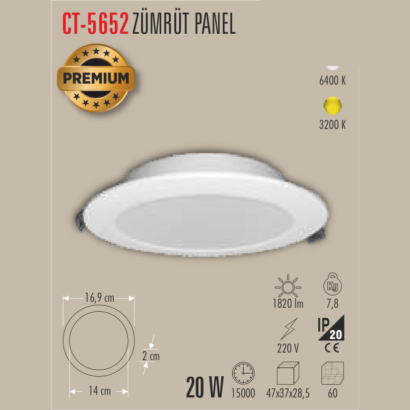 CATA Zümrüt Panel 20W LED Panel Armatür