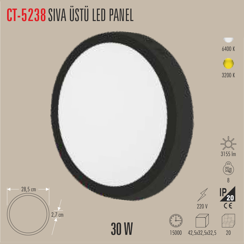 CATA Sıvaüstü LED Panel Armatür 30W