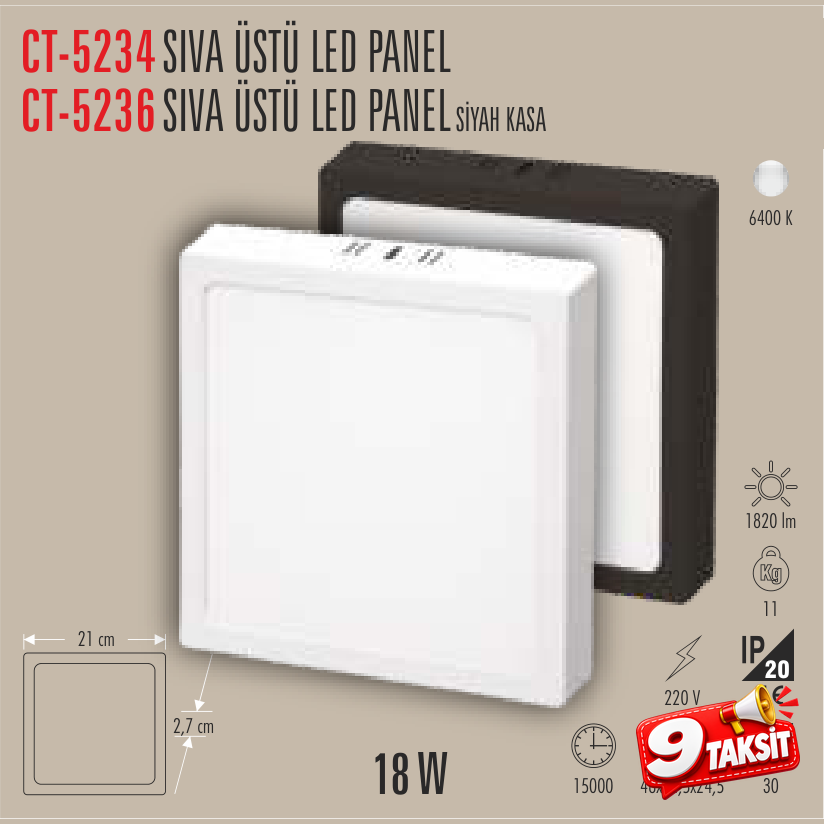 CATA Sıvaüstü LED Panel Armatür 18W Kare (Beyaz Kasa)
