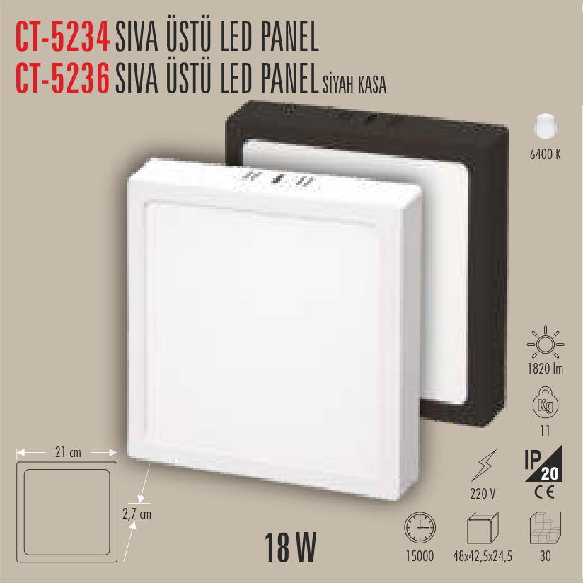 CATA Sıvaüstü LED Panel Armatür 18W Kare (Beyaz Kasa)