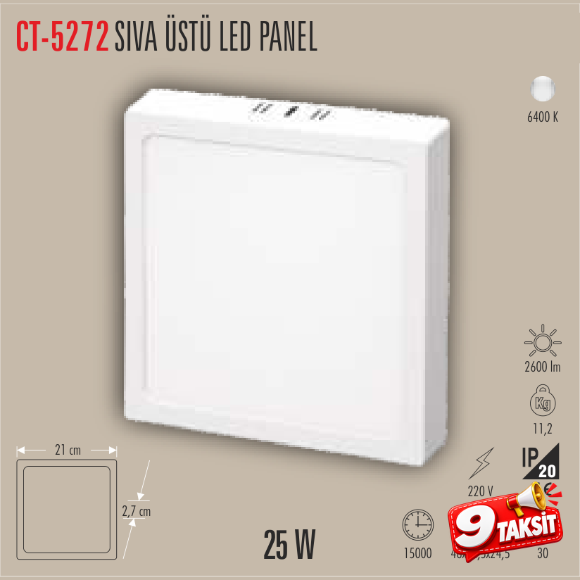 CATA Sıvaüstü LED Panel Armatür 25W Kare (Beyaz Işık)