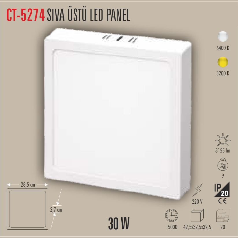 CATA Sıvaüstü LED Panel Armatür 30W Kare