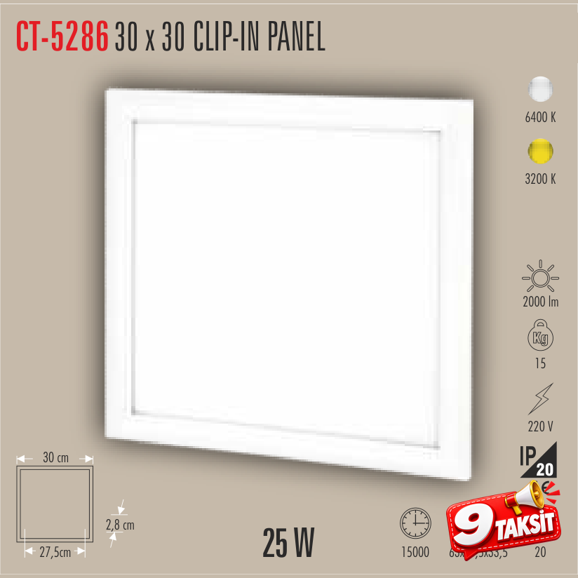 CATA Clip-In 25W 30x30 LED Panel (Sıva Altı) (Panel LED) - Ürün Görseli