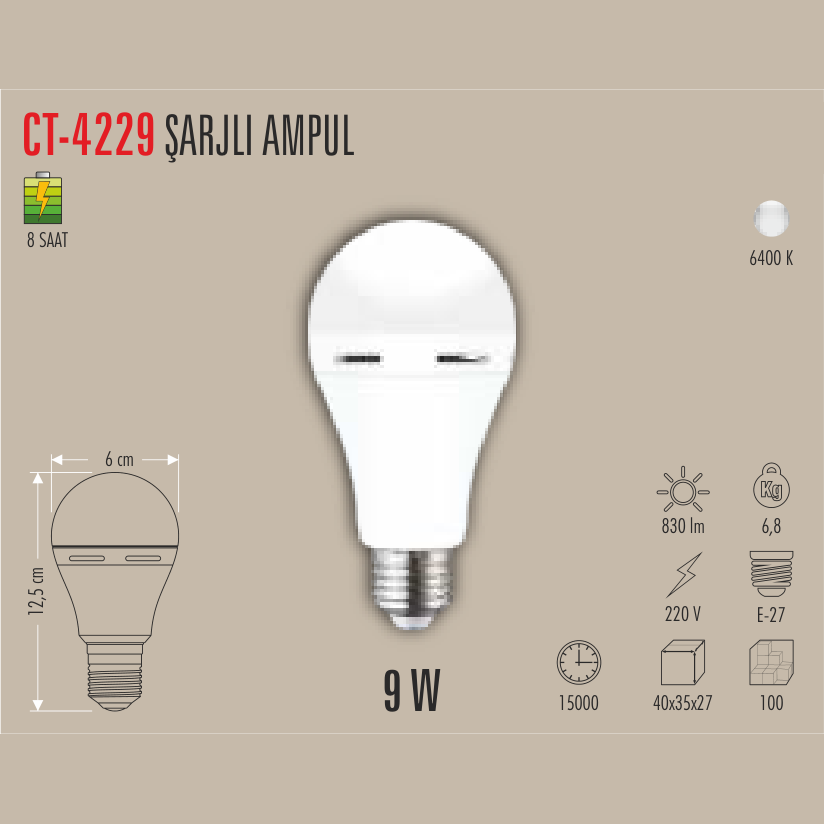 CATA Şarjlı LED Ampul 9W E-27 (8 Saat Yedekli)