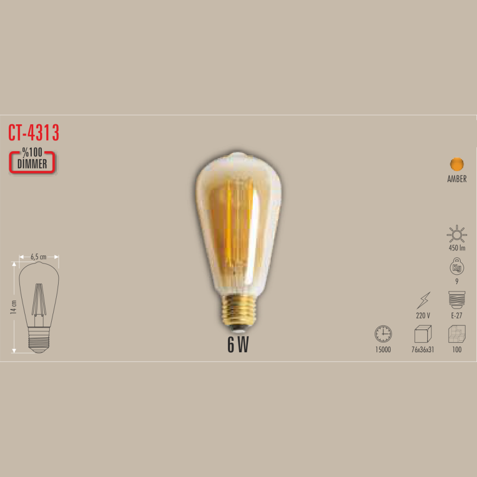 CATA Dimmerli ST64 Filament LED Ampul 6W E-27 (Amber)