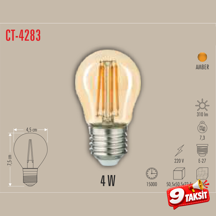 CATA G45 Filament LED Ampul 4W E-27 (Amber)