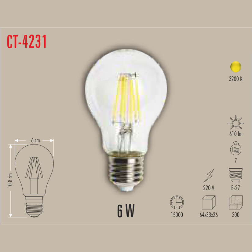 CATA A60 Filament LED Ampul 6W E-27 (Günışığı)