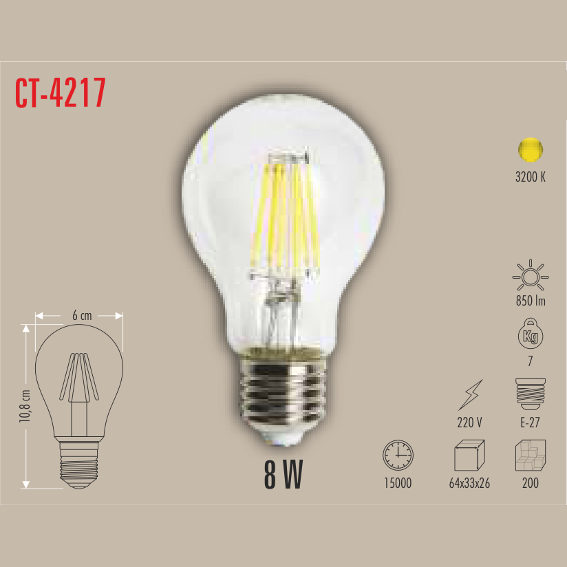 CATA A60 Filament LED Ampul 8W E-27 (Günışığı)