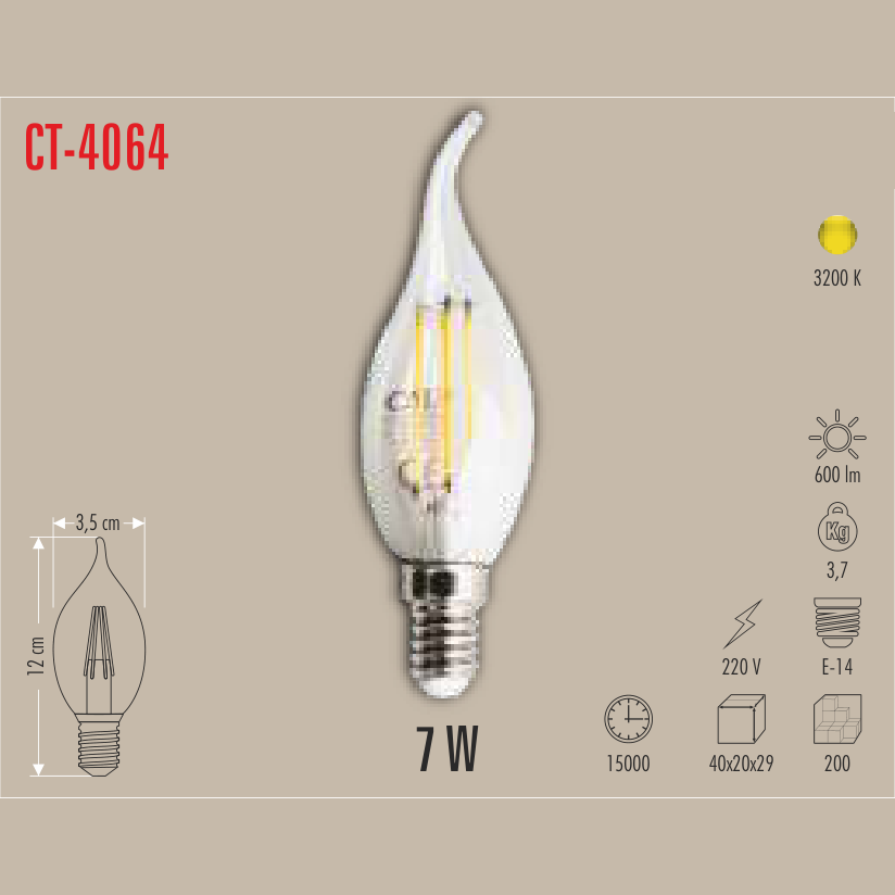 CATA Kıvrık Uçlu Buji Filament LED Ampul 7W E-14 (Günışığı)