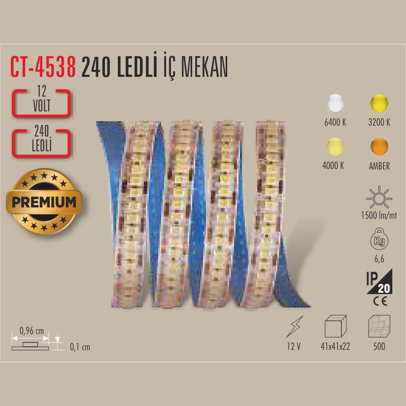 CATA Premium 240 Ledli Şerit LED 12V İç Mekan 5 Metre