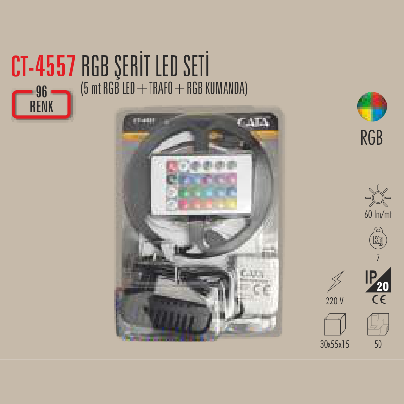 CATA RGB Şerit LED Seti 5 Metre (Trafo+Kumanda)