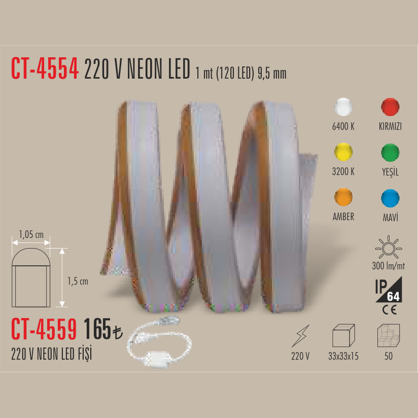 CATA 220V Neon LED Şerit 1mt (120 Led)