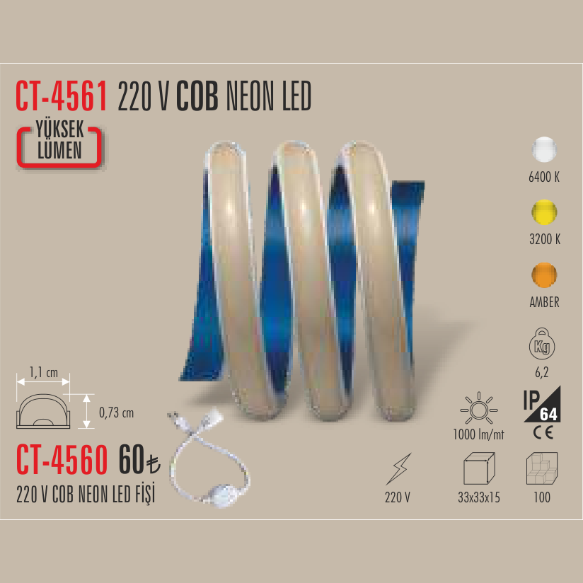 CATA 220V COB Neon LED Şerit 1mt (Yüksek Lümen)