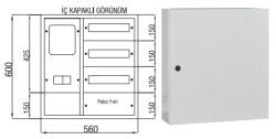 Çetinkaya Trifaze Dağıtım ve Sayaç Panosu — 1 Trifaze Sayaç 7+ 27 Ad. Sigorta + Pako Çıkışlı 47,5x60x15 (Metal Panolar) - Teknik Detay Görseli