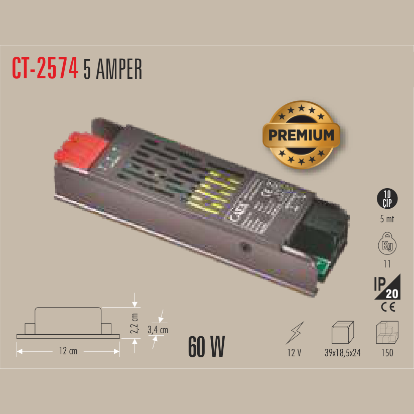 CATA Şerit LED Trafosu 5 Amper 60W (Klemensli)