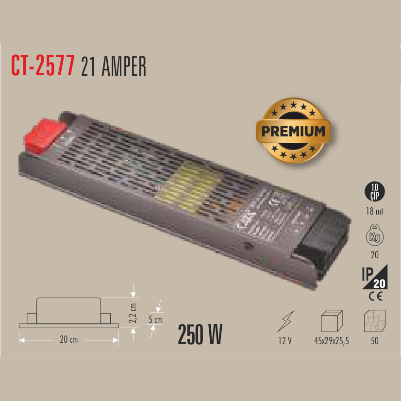 CATA Şerit LED Trafosu 21 Amper 250W (Klemensli) (Aydınlatma Trafo ve Sürücüleri) - Teknik Detay Görseli