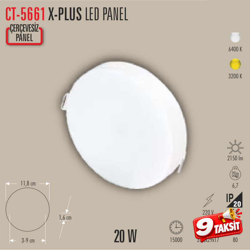 CATA X-PLUS 20W LED Panel Armatür Beyaz Işık