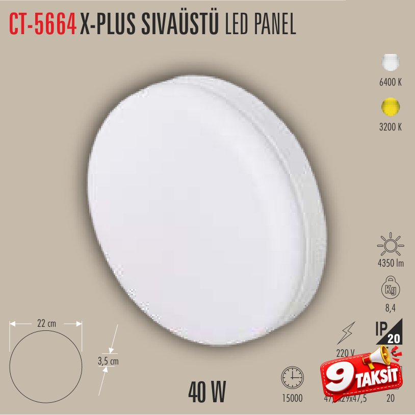CATA X-PLUS 40W Sıvaüstü LED Panel Armatür Beyaz Işık