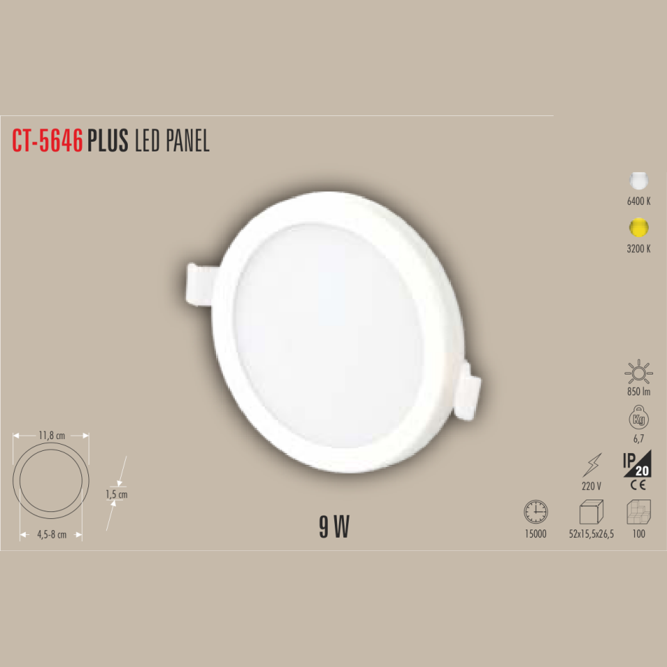 CATA PLUS 9W LED Panel Armatür Beyaz Işık
