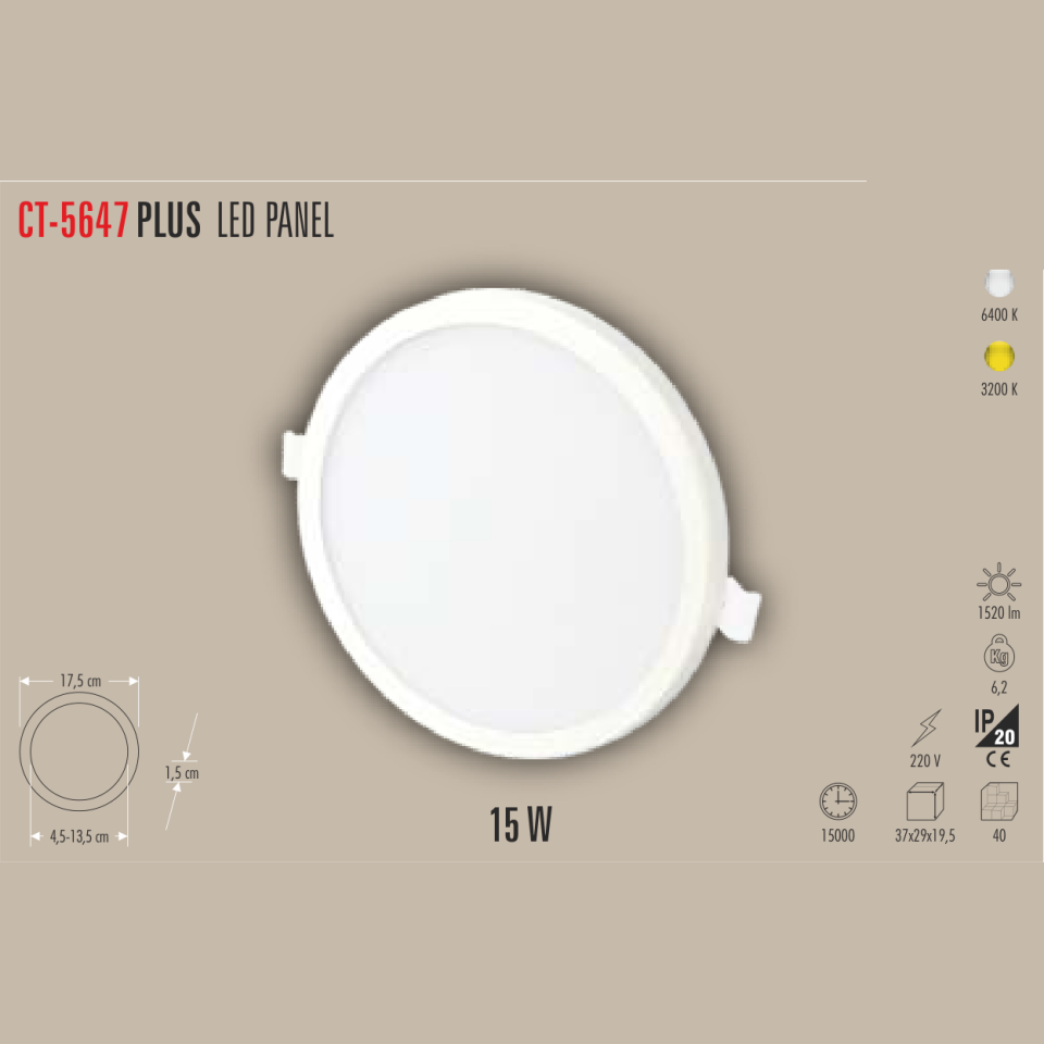 CATA PLUS 15W LED Panel Armatür Beyaz Işık