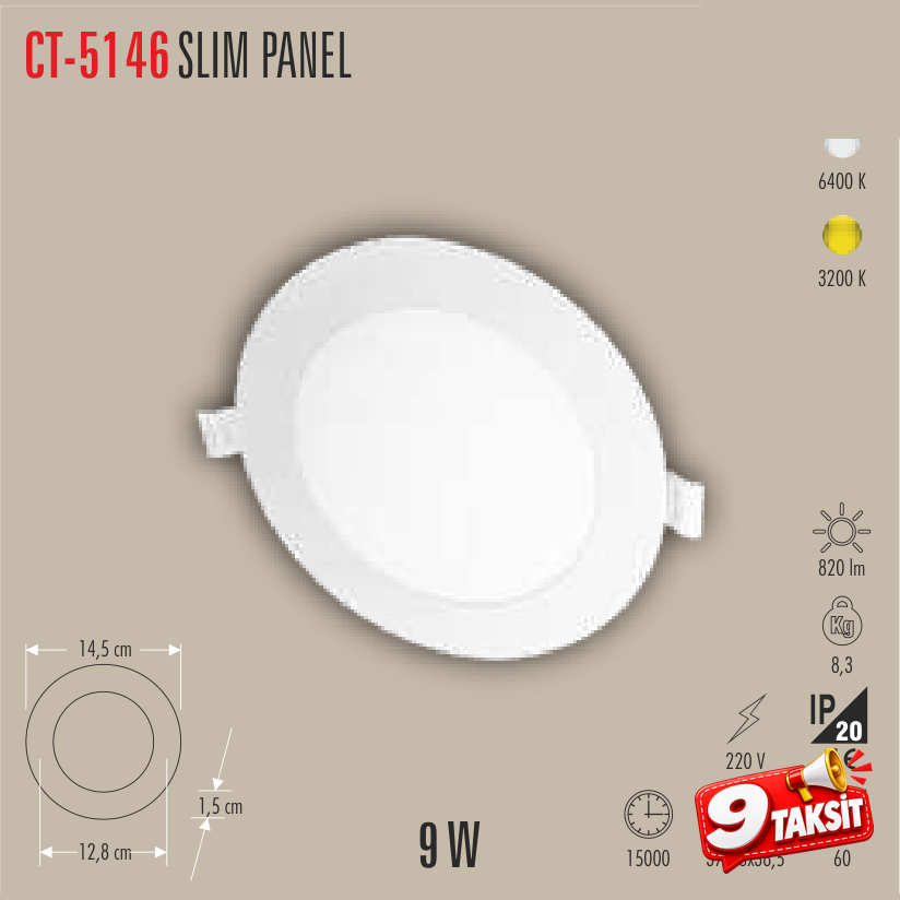CATA Slim Panel 9W LED Panel Armatür Günışığı