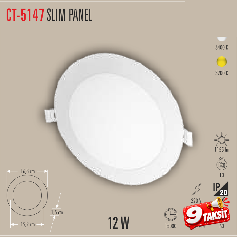 CATA Slim Panel 12W LED Panel Armatür Günışığı