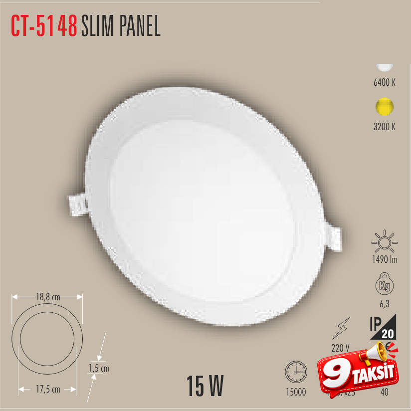CATA Slim Panel 15W LED Panel Armatür Günışığı