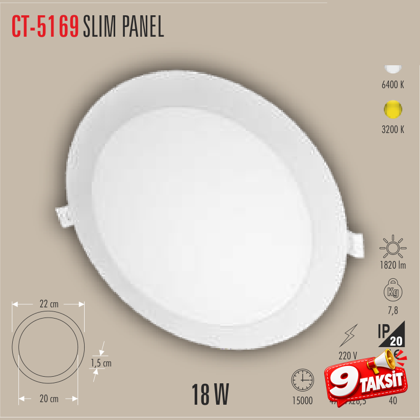CATA Slim Panel 18W LED Panel Armatür Günışığı