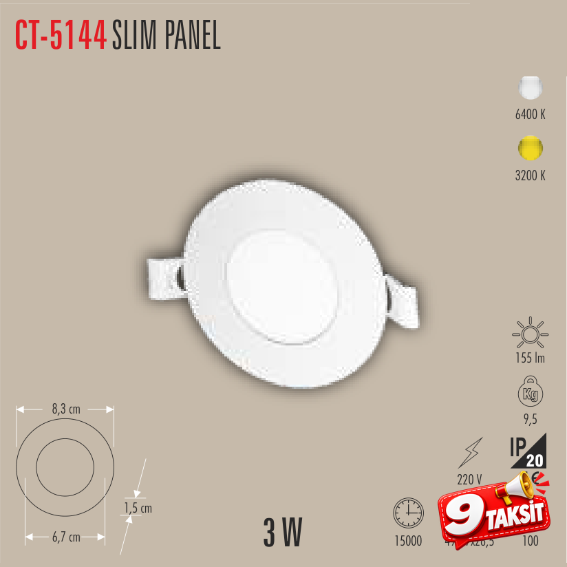 CATA Slim Panel 3W LED Panel Armatür Beyaz Işık