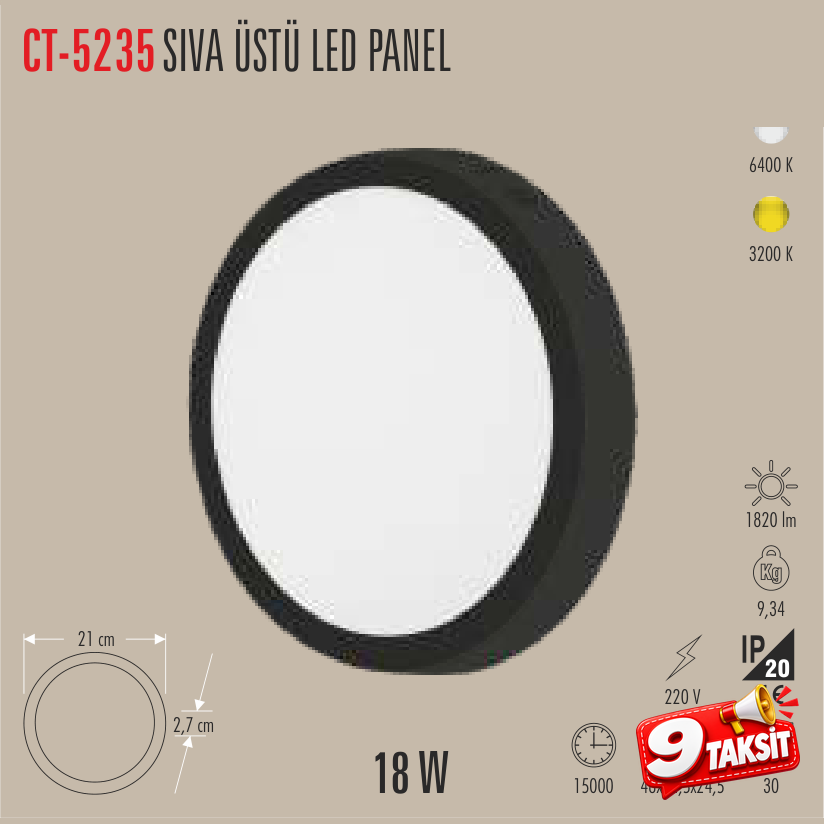 CATA Sıvaüstü LED Panel Armatür 18W Beyaz Işık