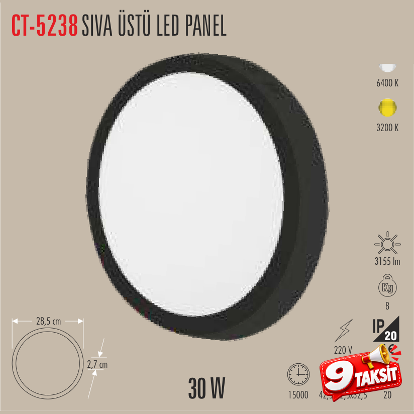 CATA Sıvaüstü LED Panel Armatür 30W Beyaz Işık
