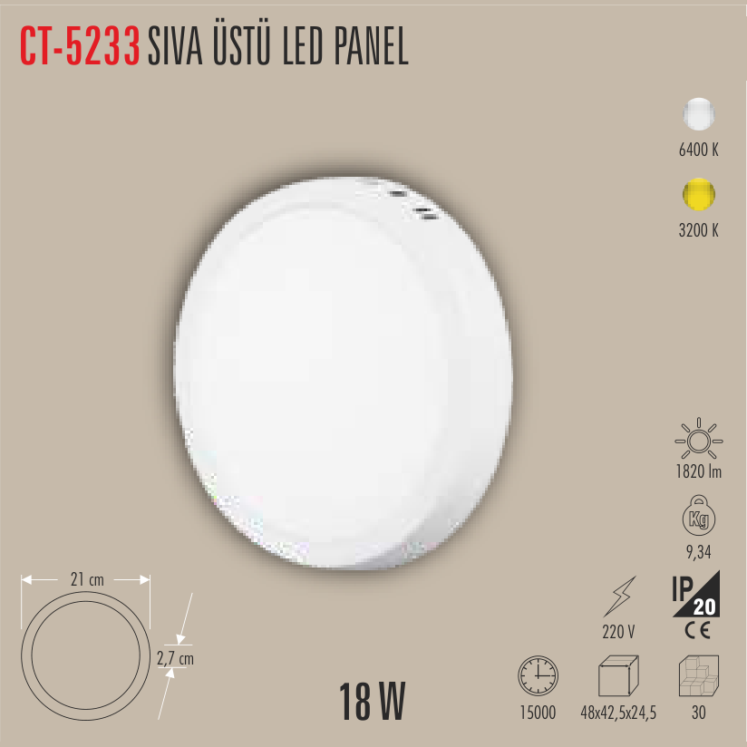 CATA Sıvaüstü LED Panel Armatür 18W Yuvarlak Günışığı