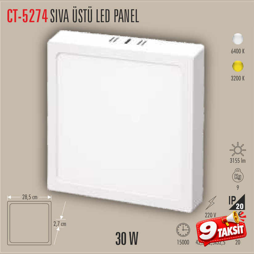 CATA Sıvaüstü LED Panel Armatür 30W Kare Günışığı