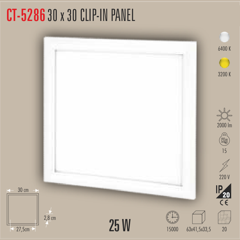 CATA Clip-In 25W 30x30 LED Panel (Sıva Altı) Günışığı