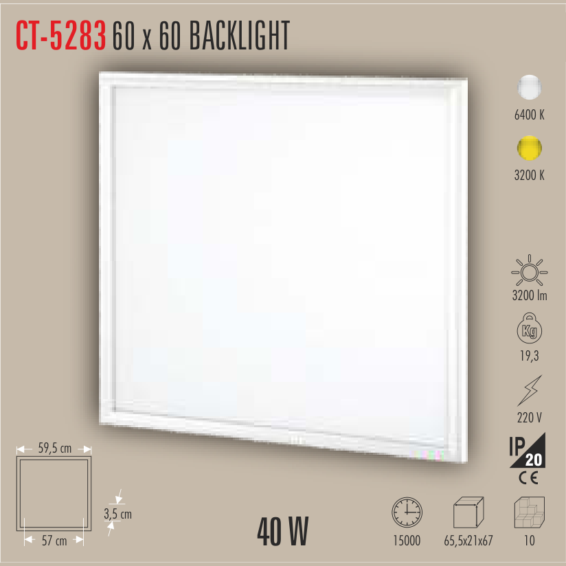 CATA Backlight 40W 60x60 LED Panel (Sıva Altı) Beyaz Işık