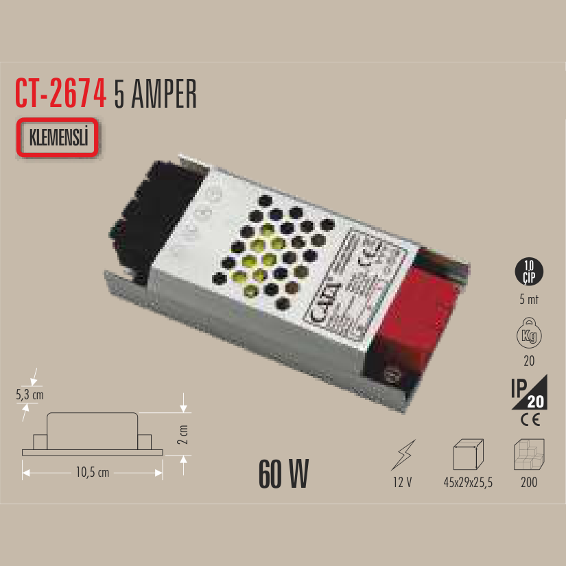 CATA Şerit LED Trafosu 5 Amper 60W (Klemensli)