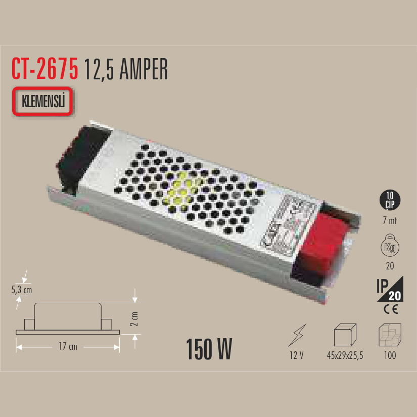 CATA Şerit LED Trafosu 12,5 Amper 150W (Klemensli)