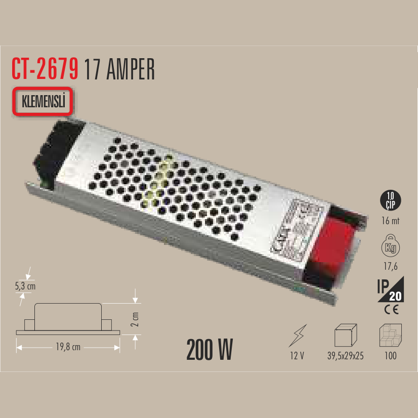 CATA Şerit LED Trafosu 17 Amper 200W (Klemensli)