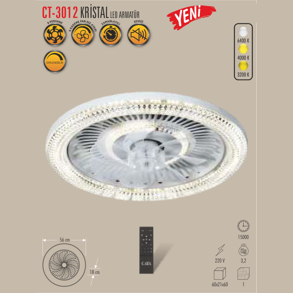 CATA Kristal Led Fan Armatürü
