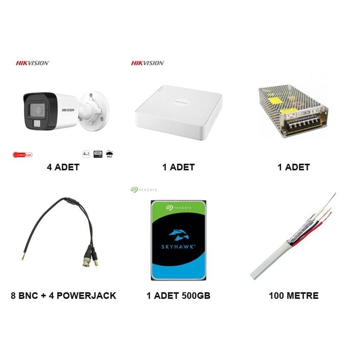 Hikvision 4 Kameralı Güvenlik Kamera Seti (4 Kanal DVR + 500GB Hardisk Dahil)