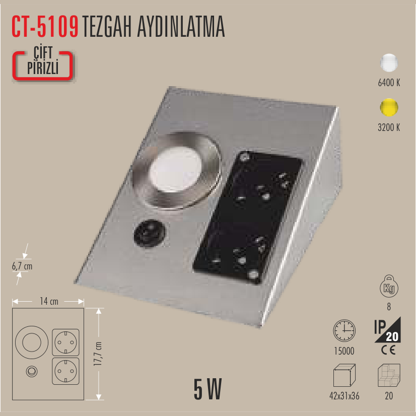 CATA Tezgah Aydınlatma (Çift Prizli, Krom)